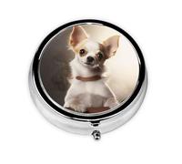 Petit pilulier rond en métal mignon en forme de chihuahua - 3 compartiments - Portable - Mini pilulier de voyage - Pour médicaments quotidiens, supplément de vitamines