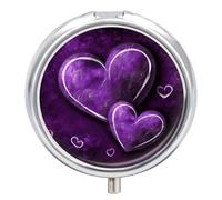 Petit pilulier rond et portable avec cœurs violets - Étanche - Organiseur de voyage pour poche, sac à main et commodité quotidienne