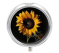 Petit pilulier rond et portable avec fond noir - Motif tournesol - Étanche - Pour poche et sac à main - Pratique au quotidien