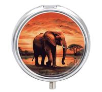 Petit pilulier rond et portable avec motif éléphant au coucher du soleil - Organiseur de voyage pour poche et commodité quotidienne
