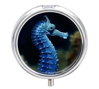 Petit pilulier rond et portable en forme d'hippocampe bleu - Étanche - Organiseur de voyage pour poche, sac à main et commodité quotidienne