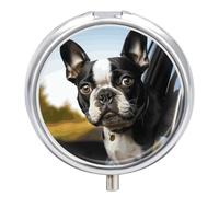 Petit pilulier rond et portable pour chiot terrier Boston Terrier - Étanche - Organiseur pour poche, sac à main et commodité quotidienne