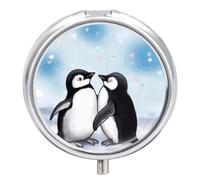 Petit pilulier rond « I Love Penguins » avec 3 compartiments - Portable en métal - Mini médicament de voyage - Supplément de vitamines pour sac à main