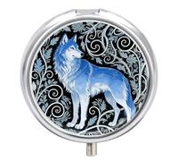 Petit pilulier rond imprimé loup bleu avec miroir - 3 compartiments - Portable - Pour voyage quotidien - Joli pilulier pour suppléments d'huile de poisson