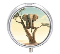 Petit pilulier rond portable avec petit éléphant sur un arbre - Boîte à pilules de voyage étanche - Organiseur pour poche, sac à main et commodité quotidienne