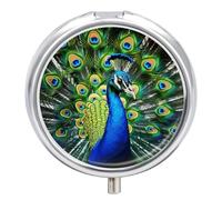 Petit pilulier rond portable bleu paon étanche pour poche, sac à main et commodité quotidienne