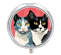 Petit pilulier rond portable en forme de chat noir et blanc - Étanche - Organiseur de voyage pour poche, sac à main et commodité quotidienne