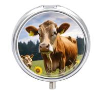Petit pilulier rond portable en forme de vache marron - Étanche - Organiseur de poche - Pratique au quotidien