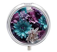 Petit pilulier rond portable et étanche avec fleurs violettes et bleu sarcelle pour poche et pratique au quotidien