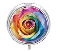 Petit pilulier rond portable et étanche avec motif de rose arc-en-ciel pour poche, sac à main et pratique au quotidien