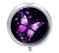 Petit pilulier rond portable et étanche - Motif papillon - Violet