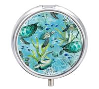 Petit pilulier rond portable et étanche - Motif tortue de mer - Bleu