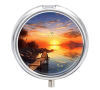 Petit pilulier rond portable étanche pour sac à main et pratique au quotidien Motif paysage coucher de soleil