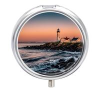 Petit pilulier rond Portland River Lighthouse Sunrise avec 3 compartiments - Organiseur de médicaments portable en métal - Mini médicament de voyage - Supplément de vitamines pour sac à main