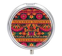 Petit pilulier rond style bohème mexicain avec miroir, 3 compartiments, portable, voyage, quotidien, pilulier mignon pour suppléments d'huile de poisson