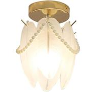 Petit Plafonnier Moderne Encastré Avec Chaînette de Perles Et Abat-Jour En Verre, Finition Or Vintage, Idéal Pour Une Chambre Ou Un Couloir (Plumes)/Plumes