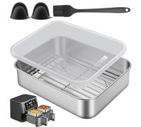 Petit plat à gratin pour Airfryer - 20 x 15,3 x 5 cm - En acier inoxydable - Pour friteuse à air chaud - Avec couvercle - Grille d'égouttement - Poignées de protection contre la chaleur - Accessoires