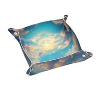 Petit plateau de rangement en cuir bleu ciel nuageux - Plateau de rangement double face en PVC pour clés, bijoux, bureau et coiffeuse avec fermeture à pression