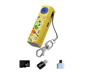 Petit porte-clés avec objectif rotatif 2K - Carte mémoire de 32 Go - Adaptateur de type C et lecteur de cartes pour caméra de poche Vlogs