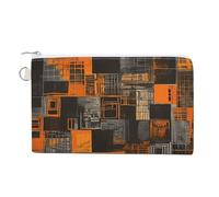 Petit porte-monnaie en toile couleur chocolat pour femme - Portefeuille fin avec fermeture éclair - Porte-clés mignon - Petite pochette à fermeture éclair, Motif carré orange, Taille unique, Motif :