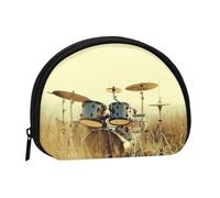 Petit porte-monnaie rustique en bois imprimé fer à cheval avec fermeture éclair, mini pochette portable pour enfants pour homme et femme, Music Drum in Field, One Size, Demi-cercle