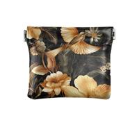 Petit porte-monnaie vintage en cuir noir et doré avec fleur et oiseau pour femme, Fleur oiseau vintage noir et or, 1 size, Impression artistique