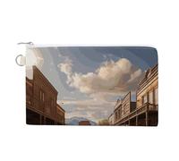 Petit portefeuille fin en toile avec fermeture éclair et porte-clés - Motif paysage d'hiver - Petite pochette à fermeture éclair, Old Wild West Cowboy Town, Taille unique, Motif :