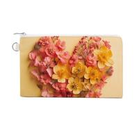 Petit portefeuille fin en toile avec fermeture éclair et porte-clés - Motif poisson et corail, Fleurs en forme de cœur, Taille unique, Motif :