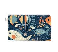 Petit portefeuille fin en toile avec fermeture éclair et porte-clés - Motif poisson et corail, Poisson et corail de dessin animé, Taille unique, Motif :