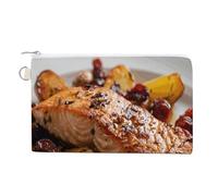 Petit portefeuille fin en toile avec fermeture éclair et porte-clés - Motif poisson et corail, Saumon et pommes de terre, Taille unique, Motif :