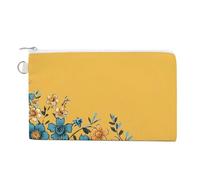 Petit portefeuille fin en toile avec fermeture éclair et porte-clés pour femme - Motif sorcière et balai, Motif floral jaune et bleu, Taille unique, Motif :
