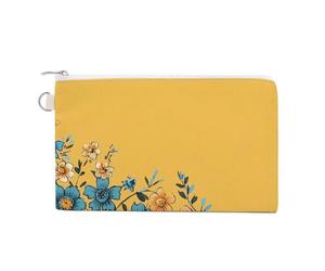 Petit portefeuille fin en toile avec fermeture éclair et porte-clés pour femme - Motif sorcière et balai, Motif floral jaune et bleu, Taille unique, Motif :