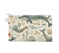 Petit portefeuille fin en toile jaune moutarde et marron pour femme avec fermeture éclair, porte-clés, joli sac à main, petite pochette zippée, Motif animal marin, Taille unique, Motif :