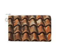 Petit portefeuille fin en toile jaune moutarde et marron pour femme avec fermeture éclair, porte-clés, joli sac à main, petite pochette zippée, Toit en tuiles marron, Taille unique, Motif :