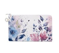 Petit portefeuille fin en toile jaune moutarde et marron pour femme avec fermeture éclair, porte-clés, joli sac à main, petite pochette zippée, Peinture aquarelle florale, Taille unique, Motif :