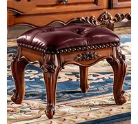 Petit repose-pieds en cuir avec pieds en bois sculptés pour salon et chambre à coucher - Tabouret élégant marron compact pour un confort peu encombrant