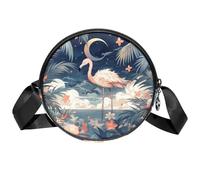Petit sac à bandoulière circulaire pour femme, motif flamant rose tropical, sac à bandoulière avec fermeture éclair, bretelles réglables, sac à main rond décontracté pour femmes et filles