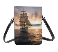 Petit sac à bandoulière en cuir pour femme - Sac à main pour téléphone portable - Blanc - Voilier au coucher du soleil