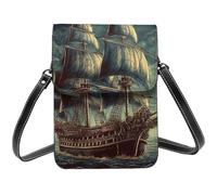 Petit sac à bandoulière nautique vintage bateau pirate pour femme sac à main pour téléphone portable sac portefeuille en cuir PU avec bandoulière