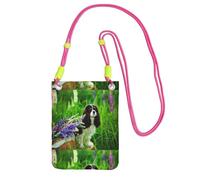 Petit sac à bandoulière, portefeuille pour téléphone portable, sac à main, sac à bandoulière, motif Cavalier King Charles Spaniel, motif fleurs de lupin,Fuchsia