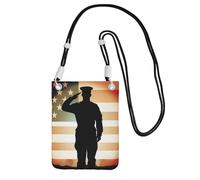 Petit sac à bandoulière pour femme - Mini portefeuille pour téléphone portable - Portefeuille de remerciement - Soldat saluant le drapeau américain, Noir , Taille unique