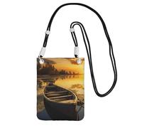 Petit sac à bandoulière pour femme pour téléphone portable, mini portefeuille pour téléphone portable, motif rivière, coucher de soleil, bateau en bois, Noir , Taille unique