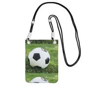 Petit sac à bandoulière pour transporter un téléphone portable en diagonale avec ballon de football sur l'herbe, mini sac à main à bandoulière, portefeuille pour téléphone intelligent