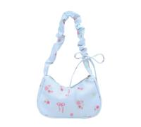Petit sac à bandoulière rose avec imprimé floral et nœud rose bleu clair avec sangle froncée en nylon et fermeture éclair pour femme