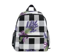 Petit sac à dos pour enfant à carreaux noirs et blancs avec étiquette nominative pour garçons et filles, Noir Blanc Plaid Lavande, Medium, Sacs à dos mignons