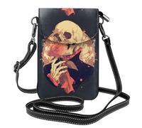 Petit sac à main pour téléphone portable 19,3 x 12,4 cm WHJSSF squelette tenant des roses imprimés tendance, pratique, multifonctionnel en cuir à rabat pour femme