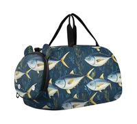 Petit sac de sport amusant avec compartiment à chaussures et sangle réglable pour l'école, le sport, les voyages Bleu marine, Poissons de thon à nageoires jaunes drôles Bleu marine