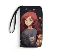 Petit sac en cuir avec dragonne « A Girl Who Loves Cats » - Portefeuille en cuir véritable imprimé pour homme et femme - Portefeuille portable exquis et personnalisé, blanc, 19,7 x 10,5 cm, blanc,
