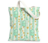Petit sac fourre-tout en toile motif crème glacée pour femme, motifs cœurs ludiques, rayures d'été, vert menthe, lavable, réutilisable, idée pour voyage, travail, magasinage, librairie, 33 x 38 cm