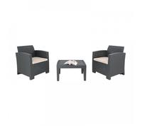 Petit salon complet, 1 table + 2 fauteuils, en rotin, polypropylène gris foncé
